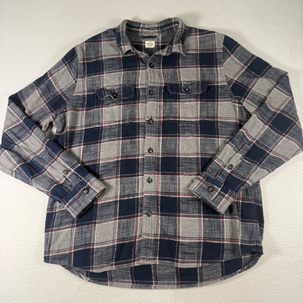 Marine Layer Plaid Flannel Shirt Mens Large Blue Gray Cotton Coastal Casual 517